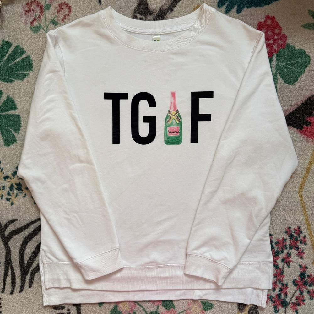TGIF champagne women’s white crewneck pullover sweatshirt